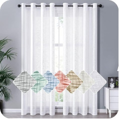Mrtrees Voile Curtains in Linen Look, Short Curtains with Eyelets n Modern Living Style for Living Rooms, Bedrooms, Children's Rooms, White, Set of 2