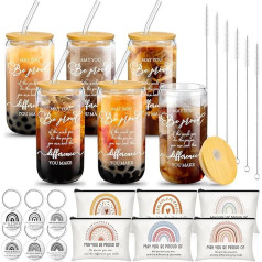 Maxcheck 18 Pack Thank You Gifts for Employees, 6 Pack 16 oz Inspirational Glass Cups with Lid, Straw and Keychain, Makeup Bags for Women, Coworkers, Employees and