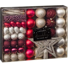 Weihnachtsbaumschmuck, glitzernd, 50-teiliges Set (Weihnachtsbaumkugeln, Perlen und Sterne) Rot und Gold