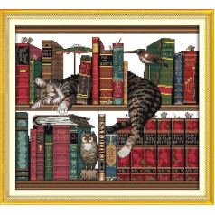 CRAFTiDA Cross Stitch Kit for Adults Pre-Printed Embossed 14K 40x36cm DIY Craft Kit (Cat on Shelf)