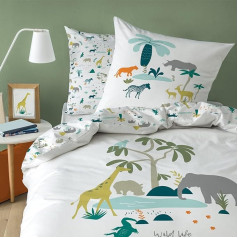 Safari Children's Flannelette Bed Linen 135 x 200 cm · Africa Tour for Girls and Boys · Zoo Animals & Jungle Adventure · Reversible Motif · 100% Cotton · Pillowcase 80 x 80 cm + Duvet Cover 135 x 200