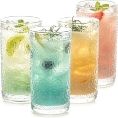 POLIDREAM Ribbed Drinking Glasses, Set of 4, 400 ml Cocktail Glasses, Facet Cut Coffee Glasses, Ribbed Glasses, Long Drink Glasses Set for Water, Mojito and Beer Glass, Dishwasher Safe