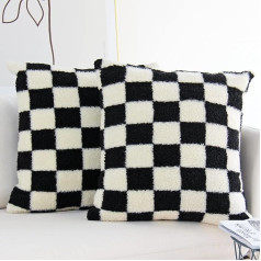 JOJUSIS Decorative Throw Pillow Covers Luxury Style Checkerboard Pattern Cushion Cover Super Soft Faux Fur Wool Cushion Covers for Couch Bedroom 2 Pack (Black, 18 x 18 Inch)