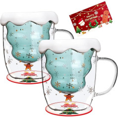 Christmas Tree Cups Set of 2, Double-Walled Christmas Tree Cups, Christmas Tree Glass Cups with Lid and Handle, Christmas Cute Cups Gift for Women, Men, Children