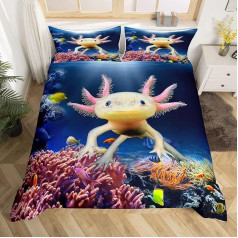 Cute Axolotl Duvet Cover Set, S Size, Fish Sea Life Bedding Set for Children, Teens, Girls, Room Decor, Cartoon Animal Theme Comforter Cover, Sea Blue Quilt Cover with 1 Pillowcase