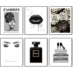 HOGEBIG Glam Black Gray Fashion Wall Decor Girls Room Decor Wall Art Pints Silver Perfume Book High Heels Flowers Lips Poster Prints Bedroom Office Decor (11 x 14 inch, Unframed)