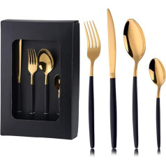 Black and Gold Stainless Steel Cutlery Set, 4 Piece Everyday Tableware, 4 x Forks, 4 x Dinner Knives, 4 x Tablespoons, 4 x Teaspoons - Service 4 (Black Gold)