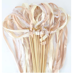 Pack of 50 Wedding Wands with Wedding Ribbons, Silk Fairy Sticks, Wedding Twirling Streamers for Wedding, Birthday, Party (Beige)