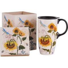 DUSVALLY Ceramic Mug Coffee Mug with Sealed Lid and Gift Box Latte Mug with Handle for Home Office 500ml Sunflowers