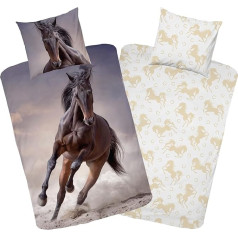 MTOnlinehandel Horse Bed Linen Set 135 x 200 cm Teenage Horse Motif Pillowcase 80 x 80 cm + Duvet Cover 135 x 200 cm 100% Cotton Girls' Bed Linen Boys Bedding