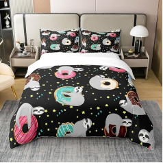 Cartoon Sloth Duvet Cover for Kids, 100% Cotton Doughnut Bedding Set, Sparkly Stars, Funny Sloth Duvet Cover, Super King Size, Cute Dessert Food, Duvet Cover with 1 Pillowcase,