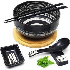 Premium Ramen Bowl Set with Lid, Hand-Painted, Ceramic, Black White, 1100 ml Capacity, Bowl Set Japanese Design, Ramen Bowl Set, Accessories, for Buldak Ramen Noodles, Pho Soba