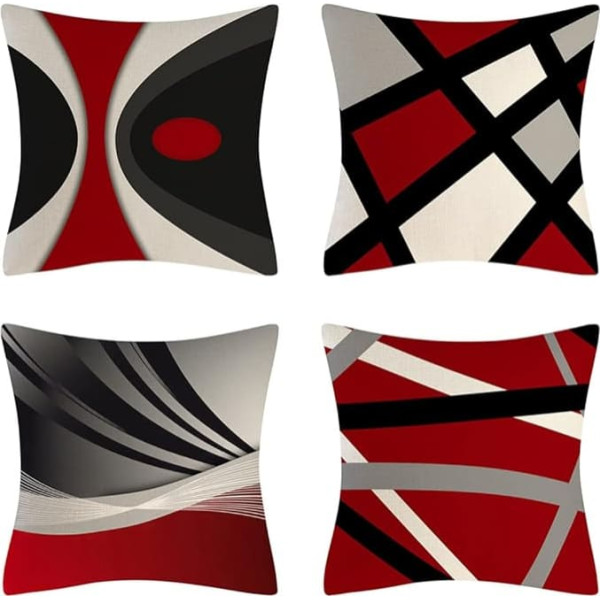 QIUKUN Kissenbezüge, 45.7x45.7 cm, 4 Stück, modernes abstraktes rotes und schwarzes Muster, dekorative Kissenbezüge, kräftige Streifen, Heimdekoration, quadratisch, geometrisch, für Sofa, Couch, Bett