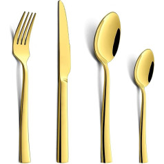 Joyfair Gold 16 Piece Stainless Steel Cutlery Set for 4 Dining Utensils Including Knife/Fork/Spoon for Eating Modern Design & Mirror Polished Dishwasher Safe