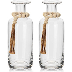 Set of 2 Glass Vases, Clear Glass Vase for Flowers with Wooden Beads, Various Sizes, Decorative Vases, Vintage, Farmhouse, Tall Vase for Home Decoration, Wedding, Party, Table Decoration