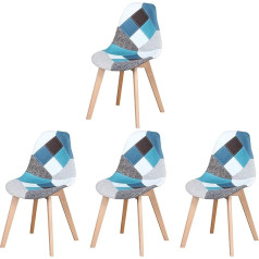 Grandca Home Set of 4 Kitchen Chairs with Patchwork Fabric Cushions, Dining Room Chairs with Wooden Metal Legs for Living Room, Blue