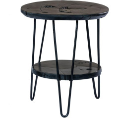 Qiyano Side Table Solid Teak Wood Coffee Table with Metal Legs for Living Room Hallway Bedside Table Retro Style Round with Shelf Black