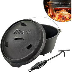 Ribelli BBQ Dutch Oven with Feet [Approx. 9.5 Litres], Fire Pot Made of Black Cast Iron, Cooking Pot Roasting Dish with Handle, Pre-seasoned, Grill Pot with Lid Lifter