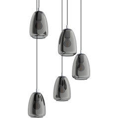 EGLO Alobrase Pendant Lamp, 5-Bulb Cluster Pendant Light Dining Table, Metal Pendant Light in Chrome and Steamed Glass in Black/Transparent, Hanging Dining Room Lamp, E27 Socket, Diameter 54 cm