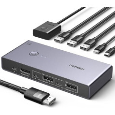 UGREEN 8K @ 60Hz Displayport KVM Switch, DP 1.4 KVM Switch, KVM Switch 2 PC 1 Monitor, 4K @ 240Hz, 4 Port USB Switch, KVM Switch USB C, 4 Port USB Switch for Keyboard, Mouse, Hard Drive, Printer and