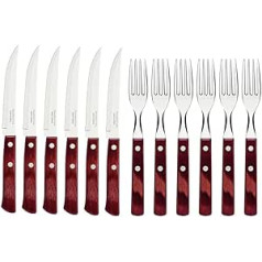 Tramontina Steak Cutlery Pizza Cutlery, 12-Piece Set, for 6 People, Steak Cutlery Set, Rustproof Stainless Steel, FSC-Certified Real Wood Handle, Dishwasher Safe, Red