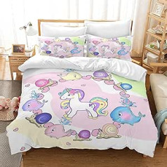 Hoimlm Unicorn Bed Linen, Children's Bedding Set with Duvet Cover and 2 Pillowcases, Cartoon Unicorn Microfibre Soft Girls Bedding with Zip (135 x 200 cm, Style J)