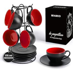 MIAMIO - 6 x 175 ml cup cappuccino cups with saucer and stand/cappuccino cup set - Le Papillon collection (red) stoneware