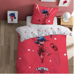 MTOnlinehandel Miraculous Bed Linen 135 x 200 cm + 80 x 80 cm - Ladybug, Ladybird Tikki & Stars - Fan Item, Children's Bedding with Zip for Girls and Boys, 100% Cotton, Red