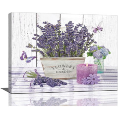 Lavender Canvas Wall Art Country Lavender Flower Butterfly Candle Wall Decor Purple Flowers Farmhouse Pictures Paintings Prints Framed Artwork Decor for Bathroom Bedroom Living Room 30.5x