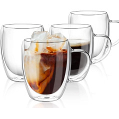 ALIMOTA Glass Coffee Cups, 350ml Insulated Double Walled Coffee Glasses, Set of 4, Heat Resistant Cup, Drinking Glasses with Handle, Microwave Safe, Glass Coffee Cups,