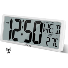 XREXS Digital Radio-Controlled Wall Clock Large, 13.46 Inch LCD HD Display, Automatic Time Setting, Calendar, Alarm Clock, Temperature and Timer Function, Loud and Clear Alarm Sound, Memory Function