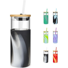 tronco 20 oz Glass Tumbler with Straw and Lid, Glass Tumbler with Lid and Straw, Smoothie Cup, Iced Coffee Cup, Bamboo Lid and Protective Silicone Sleeve, BPA Free