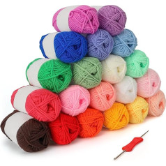 Kurtzy Pack of 20 Colourful Wool for Crocheting - Crochet Hook 3 mm Included - Each Crochet Yarn Cotton Yarn Ball Weighs 25 g - Total 50 m Colourful, Soft Cotton for Crocheting