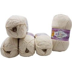 5 x 100 g Alize Cotton Gold Knitting Wool with 55% Cotton, 500 g Wool Plain (Light Beige 67)