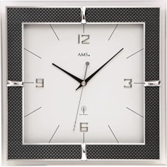 AMS Radio-Controlled Wall Clock Analogue Square with Glass and Carbon Applications, Glass