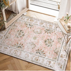 TOPICK Door Mat Machine Washable 60x90cm Pink Floral Entrance Door Mat Vintage Rug Chenille Print Floor Cover Thin Rug Small Rug Lightweight Non-Slip Kitchen