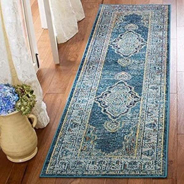 SAFAVIEH Boho Rug for Living Room, Dining Room, Bedroom - Crystal Collection Short Pile, Blue and Yellow, 26 x 84 Inch