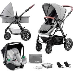 Kinderkraft MOOV Pushchair 3-in-1 Pushchair Set up to 26 kg with Child Seat I-Size 40-75 cm, Buggy Function, Adjustable Reclining Position, Large Extendable Hood, Accessories Included, Grey