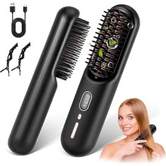 Heating Straight Hair Brush, Mini Wireless Negative Ion Heating Brush, Portable Anti-Burn Straightener, USB Charging, Professional Curly Hair Heating Comb (Black)