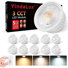 YindaLux Set of 10 3CCT LED Module 230 V – Ultra Flat Diameter 50 x 23 mm for Recessed Spotlights – 4.9 W 500LM 120° Beam Angle – 3000 K / 4000 K / 6000 K Dimmable – Replaces GU10 MR16 Bulbs – IP44