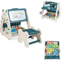 FANTASK 3 in 1 Children's Bookcase & Blackboard & Seating Set Including Stool and Painting Accessories