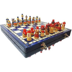 Master Of Chess Large MATRYOSHKA 42 x 42 cm Holz handbemalt dekoratives Schachspiel für Erwachsene und Kinder (BLAU)