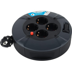 Electraline 49076 Cable Reel 4-Way 4M Cable IP20 Indoor Cable Reel with 4 Schuko Sockets / Cable Box with Extension Cable / Cable Roller with Crank, Black