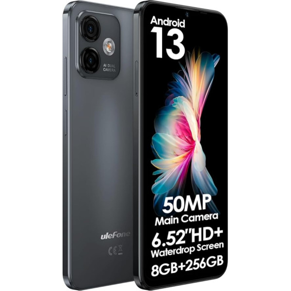 Ulefone Android 13 Mobile Phone without Contract, Note 16 Pro (256GB ROM), Up to 16GB RAM, 50MP Camera, Dual SIM Smartphone, 6.52 Inch HD+ Screen, 4400 mAh Battery, Fingerprint + Face Unlock GPS Black