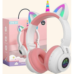 OHAANYY Wireless Headphones for Children, Headphones Bluetooth Unicorn Foldable Girls with Cable and Microphone Headphones Children with LED Light Stereo Headphones for Mobile Phone/Tablet/PC (White)