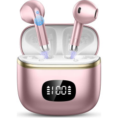 Bluetooth Headphones, Wireless Bluetooth 5.3 Headphones with ENC Noise Cancelling Mic, In-Ear HiFi Stereo, 40 Hours Playtime, LED Display, Bluetooth Earphones for Work, Game, Sports, Rose Gold