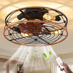 E27 Retro Ceiling Fan with Lighting and Remote Control Bedroom Lamp Quiet Fan Ceiling Light Industrial Fan Ceiling Lamp Vintage Iron Cage Pendant Light Living Room Kitchen Fan Light