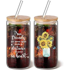 Karenhi Friendship Gifts for Women Friends Sunflower Gifts for Women Bestie Gifts for Women Birthday Gifts for Women 16oz Glass Beer Can with Lid and Straw