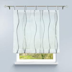 HongYa Roman Blind with Waves Print Transparent Voile Roman Curtain with Loops H/W 140/120 cm White Silver
