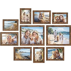 SONGMICS RPF049X01 Picture Frames 16 Mounts Set of 10 Photo Frames Two 20 x 25 cm Four 13 x 18 cm Four 10 x 15 cm Hanging Stand MDF Glass 12 Traceless Wall Hooks Vintage Brown
